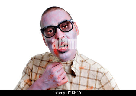 portrait of a zombie young man wearing black plastic-rimmed eyeglasses, against a white background Stock Photo