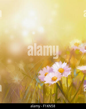 Oil painting white daisy-chamomile flowers field at sunrise.Spring Wildflower season, soft color and blur background Stock Photo