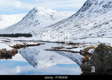 The River Lyon and surrounding mountains in Glen Lyon Scotland in the still of winter, Scotland. Stock Photo