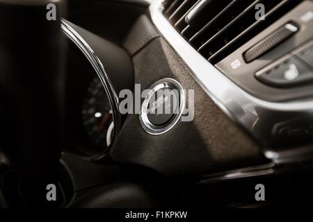 Modern Car Ignition Button Closeup, Modern Car Driving. Stock Photo