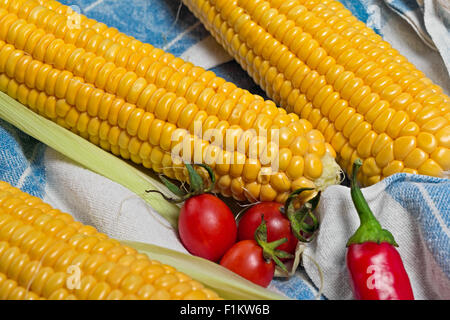 three yellow cobs with tomato and chili pepper on cloth Stock Photo