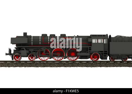Steam Train Locomotive Illustration Isolated on White. Vintage Locomotive Side View 3D Render. Stock Photo