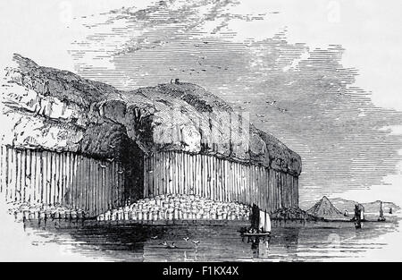 19th Century view of Fingal's Cave on the Island of Staffa, Inner Hebrides, Scotland. It features the same interlocking hexagonal basalt columns, as the Giant's Causeway in Northern Ireland, also the result of an ancient volcanic fissure eruption. Stock Photo