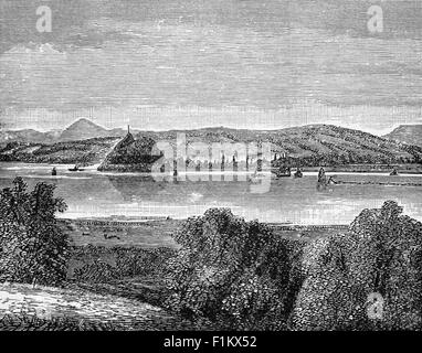 19th Century view of The River Clyde from Opposite Dumbarton Castle, Strathclyde, Scotland. The castle, with the longest recorded history of any stronghold in Scotland, overlooks the Scottish town of Dumbarton, and sits on a plug of volcanic basalt known as Dumbarton Rock which is 240 feet high. Stock Photo