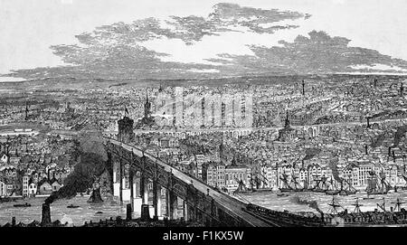 A 19th Century view of the High Level Railway Bridge, Newcastle-on-Tyne from Gateshead, Tyne and Wear, England. It spans the River Tyne between Newcastle upon Tyne and Gateshead in North East England. It was designed by Robert Stephenson to form a rail link towards Scotland for the developing English railway network; a carriageway for road vehicles and pedestrians was incorporated to generate additional revenue. Stock Photo