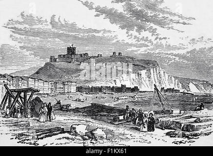 A 19th Century view of Dover, a town and major ferry port in Kent, South East England. It faces France across the Strait of Dover, the narrowest part of the English Channel at 21 miles from Cap Gris Nez in France. The surrounding chalk cliffs are known as the White Cliffs of Dover. Stock Photo