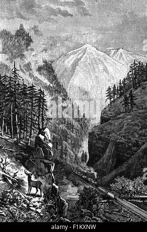 A 19th Century illustration of Kicking Horse Pass, a high mountain pass across the Continental Divide of the Americas of the Canadian Rockies on the Alberta/British Columbia border. The original route of the  Canadian Pacific Railway between the summit of the pass near Wapta Lake and Field was known as 'The Big Hill'; with a ruling gradient of 4.5 percent (1 in 23), it was the steepest stretch of main-line railroad in North America. Stock Photo