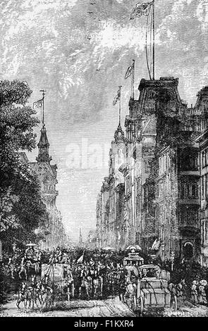 Broadway, New York, United States of America in the 19th Century. It runs from Bowling Green for 13 miles, through Manhattan, the Bronx, exiting north from the city to run an additional 18 miles terminating  in Westchester County.  It is the oldest north–south main thoroughfare in New York City and now known as the heart of the American commercial theatrical industry. Stock Photo