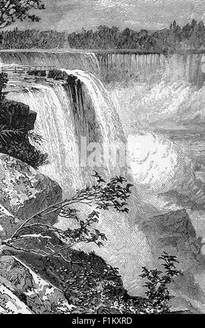 A 19th Century illustration of the Niagara Falls, on the Niagara River, which drains Lake Erie into Lake Ontario, the combined falls have the highest flow rate of any waterfall in North America that has a vertical drop of more than 50 metres (160 ft). The group of three waterfalls at the southern end of Niagara Gorge, spanning the border between the province of Ontario in Canada and the state of New York in the United States. Stock Photo