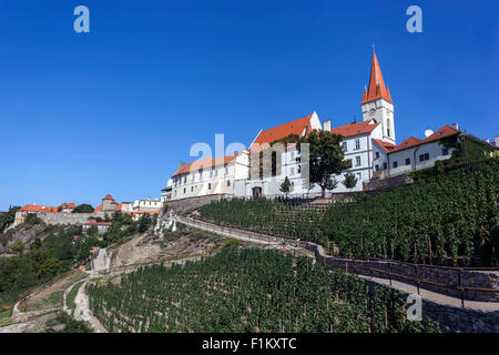 Czech vineyard, Znojmo, St Nicholas church on the hill and the path between the vineyards South Moravia, Znojmo Czech Republic, Europe vineyard wine Stock Photo