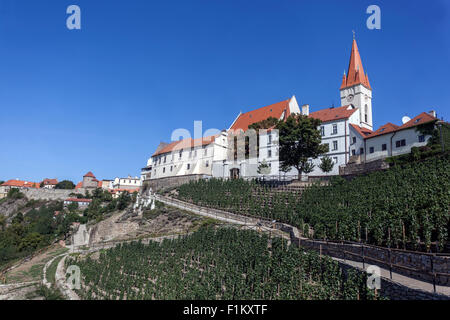 Czech vineyards, The St Nicholas church on the hill and the path between the vineyards, Znojmo, South Moravia, Znojmo Czech Republic landscape Europe Stock Photo