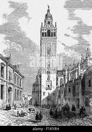 19th Century view of the Giralda, the bell tower of Seville Cathedral in Seville, Spain. It was built as the minaret for the Great Mosque of Seville in al-Andalus, Moorish Spain, during the reign of the Almohad dynasty, with a Renaissance-style top added by the Catholics after the expulsion of the Muslims from the area. Dating from the Reconquest of 1248 to the 16th century and built by the Moors. Stock Photo