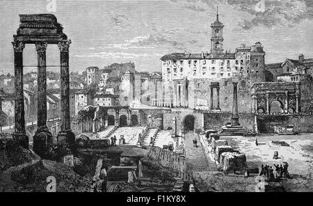 A 19th Century view of the Forum aka the Roman Forum, a rectangular forum (plaza) surrounded by the ruins of several important ancient government buildings at the center of the city of Rome, Italy. For centuries the Forum was the center of day-to-day life in Rome with processions and elections; public speeches, criminal trials, and gladiatorial matches; and the nucleus of commercial affairs. Stock Photo
