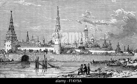 A 19th Century view of the Kremlin, (built 1482–1495), a fortified complex in the centre of Moscow, overlooking the Moskva River to the south, Saint Basil's Cathedral and Red Square to the east. It includes five palaces, four cathedrals, and the enclosing Kremlin Wall with Kremlin towers. In addition, within this complex is the Grand Kremlin Palace that was formerly the Tsar's Moscow residence. Stock Photo