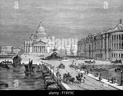 A 19th Century view of Saint Isaac's Square in Saint Petersburg, Russia, a major city square sprawling between the Mariinsky Palace and Saint Isaac's Cathedral, which separates it from Senate Square. The square is graced by the equestrian Monument to Nicholas I. In front of the palace is the 97-metre-wide Blue Bridge, which used to be the widest in Saint Petersburg. Spanning the Moika River, the bridge is usually perceived as the extension of the square, although in fact it forms a separate square, called Mariyinskaya. Stock Photo