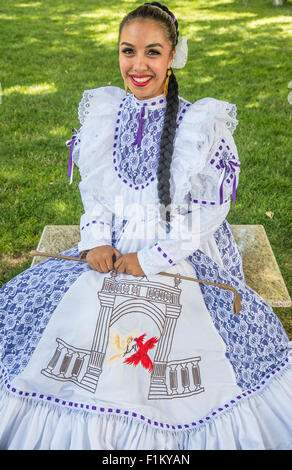 People, Close-up of The Traditional Mexican dancers dressed in beautiful costumes. Global World Festival, Boise, Idaho, USA Stock Photo