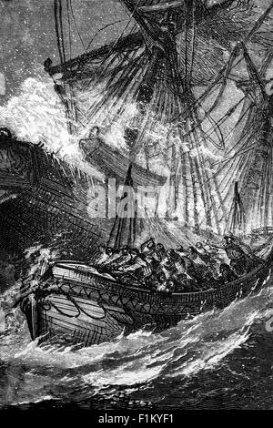 Sailing old ship in the storm sea. Galleon under the dark sky. Digital ...