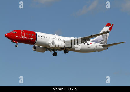 Norwegian, Boeing 737-800, LN-NGD, flight DY3661, from Alicante, Spain, on final approach to Copenhagen Airport, CPH, Denmark Stock Photo