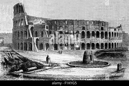 19th Century view of the ruins of the Colosseum, the largest ancient amphitheatre ever built. It was completed in AD 80 under his successor and heir, Titus (r. 79–81) and used for gladiatorial contests and public spectacles, animal hunts, executions, re-enactments of famous battles, and dramas based on Roman mythology. It is now substantially ruined because of earthquakes and stone-robbers (for spolia). Stock Photo