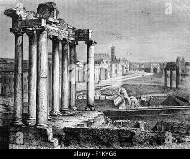 19th Century view of the ruins of the Forum,  a rectangular forum (plaza) was for centuries the center of day-to-day life in Rome, Italy; the site of triumphal processions and elections; the venue for public speeches, criminal trials, and gladiatorial matches; and the nucleus of commercial affairs. Here statues and monuments commemorated the city's great men. Stock Photo