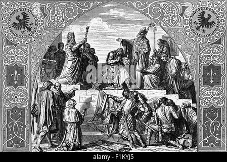 Saxon Chief Widukind, leader of the Saxons surrendering to King Charlemagne in 785 AD. According to legend, Widukind experienced a vision that led to his conversion to Christianity after he was captured. He was interrogated and confessed to spying on Charlemagne's camp for the purpose of becoming better acquainted with the Christian faith. He later confessed the divine vision he had seen. The emperor concluded that God had given Widukind the grace of witnessing the divine child, Jesus, behind the Sacred Host of the Mass. Widukind then renounced his worship of pagan idols. Stock Photo