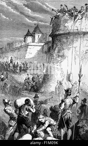 The Seige of Paris took place in 1590 during the French Wars of Religion when the French Royal Army under Henry of Navarre, and supported by Huguenots, surrounded the city, imposing a blockade. Henry tried to negotiate the surrender of Paris, but his terms were rejected and the siege continued, although at one point Henry took pity on the inhabitants and allowed in sacks of corn. Paris was finally relieved from the siege by an international Catholic and Spanish army under the command of the Duke of Parma. An estimated 40,000–50,000 of the population died during the siege, most of starvation. Stock Photo