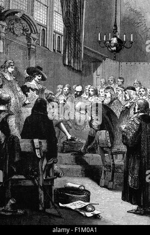 King Charles I Interrogating the Speaker on the Long Parliament,  an English Parliament which lasted from 1640 until 1660. It followed the fiasco of the Short Parliament, which had convened for only three weeks during the spring of 1640 after an 11-year parliamentary absence. In September 1640, Charles I issued writs summoning a parliament to convene on 3 November 1640. The Long Parliament received its name from the fact that, by Act of Parliament, it stipulated it could be dissolved only with agreement of the members. Stock Photo