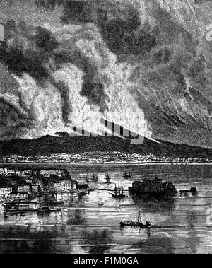 A 19th Century view of Naples threatened by a volcanic eruption of Mount Vesuvius, a somma-stratovolcano located on the Gulf of Naples in Campania, Italy, one of several volcanoes which form the Campanian volcanic arc. The eruption of Vesuvius in AD 79 destroyed the Roman cities of Pompeii, Herculaneum, Oplontis and Stabiae, as well as several other settlements. It has erupted many times since, and is the only volcano on the European mainland to have erupted within the last hundred years. Stock Photo