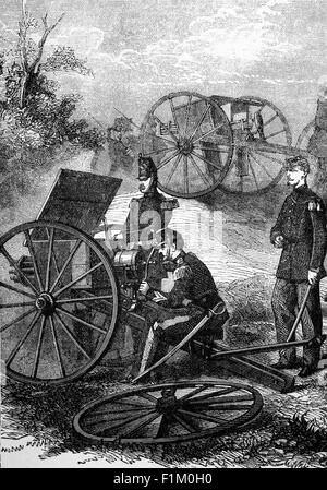 19th Century field mitrailleuses, a volley gun with barrels of rifle calibre that can fire either all rounds at once or in rapid succession at the Battle of Sedan, France. It was fought during the Franco-Prussian War from 1 to 2 September 1870. Resulting in the capture of Emperor Napoleon III and large numbers of his troops, it effectively decided the war in favour of Prussia and its allies, though fighting continued under a new French government. Stock Photo