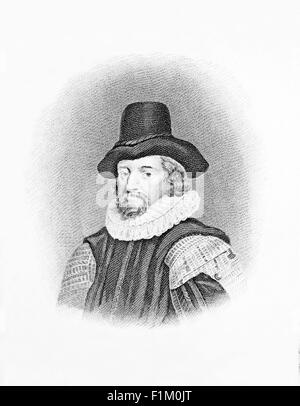 A 19th century portrait of Francis Bacon (1561-1626), also known as Lord Verulam. He was an English philosopher, statesman, scientist, jurist and author who served as Attorney General and as Lord Chancellor of England. His works are credited with developing the scientific method and remained influential through the scientific revolution. Stock Photo