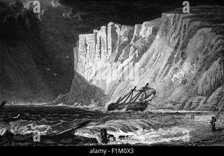 A 19th century illustration of a sailing ship floundering off Beachy Head, East Sussex, England, the highest chalk headland in Britain at 162 m (530 ft) above sea level. Beachy Head Lighthouse, located below the headland was the last traditional-style 'rock tower' (i.e. offshore lighthouse) to be built by Trinity House. Stock Photo