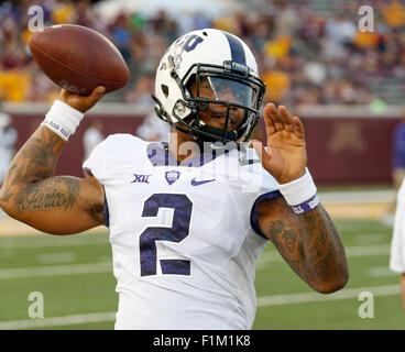 September 3, 2015: TCU Horned Frogs quarterback Trevone Boykin (2) warms up before the college football game between TCU Horned Frogs and the Minnesota Golden Gophers at TCF Bank Stadium in Minneapolis, MN Tim Warner/CSM. Stock Photo