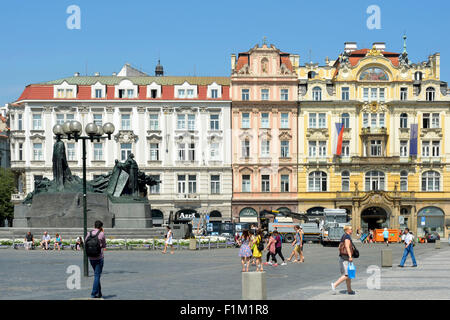 People in front of the Jan Hus Memorial at the Old Town Square of Prague. Stock Photo