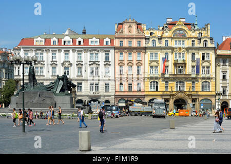 People in front of the Jan Hus Memorial at the Old Town Square of Prague. Stock Photo