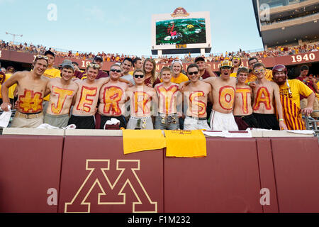 September 3, 2015: Minnesota Golden Gophers fans painted spelling #Jerrysota during the college football game between TCU Horned Frogs and the Minnesota Golden Gophers at TCF Bank Stadium in Minneapolis, MN Tim Warner/CSM. Stock Photo