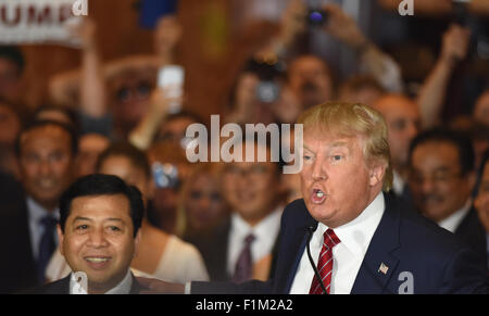 New York City, United States. 03rd Sep, 2015. Donald Trump poses with Indonesian Speaker of the House Setya Novanto. Republican candidate for president Donald Trump announced he had signed a pledge not to run as an independent candidate should he fail to win the party's nomination in 2016. Credit:  Andy Katz/Pacific Press/Alamy Live News Stock Photo