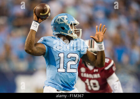 Charlotte, North Carolina, USA, 03rd Sep, 2015. UNC quarterback Marquise Williams (12) during the NCAA college football game on Thursday Sep. 03, 2015 at Bank of America Stadium, in Charlotte, N.C. Jacob Kupferman/CSM Credit:  Cal Sport Media/Alamy Live News Stock Photo