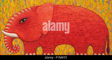 Red Elephant on yellow background. Original acrylic painting on canvas. Stock Photo