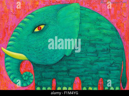 Green Elephant on Red background. Original acrylic painting on canvas. Stock Photo