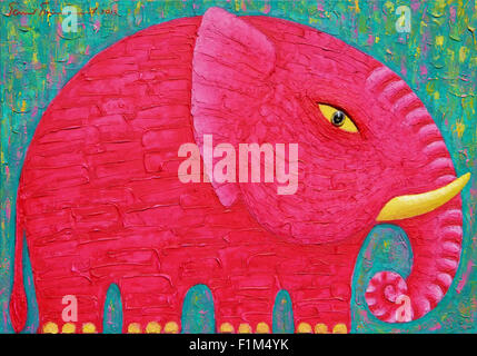 Red Elephant on green background. Original acrylic painting on canvas. Stock Photo