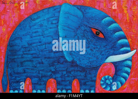 Blue Elephant in Red. Original acrylic painting on canvas. Stock Photo