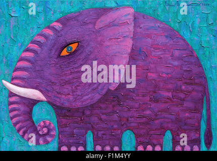 Purple Elephant on Green background. Original acrylic painting on canvas. Stock Photo