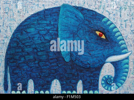 Blue Elephant on Silver background. Original acrylic painting on canvas. Stock Photo