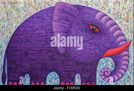 Purple  Elephant with Red Tusk. Original acrylic painting on canvas. Stock Photo
