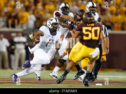 September 3, 2015: TCU Horned Frogs quarterback Trevone Boykin (2) runs the ball during the college football game between TCU Horned Frogs and the Minnesota Golden Gophers at TCF Bank Stadium in Minneapolis, MN Tim Warner/CSM. Stock Photo