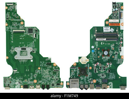 VILNIUS, LITHUANIA - AUGUST 13, 2015: Sony laptop mother board it is damaged from lighting. Fragments of the burned elements of Stock Photo
