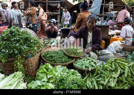 Market, vegetable market, indigenous woman selling vegetables, Mandalay Division, Bagan, Mandalay Division, Myanmar Stock Photo