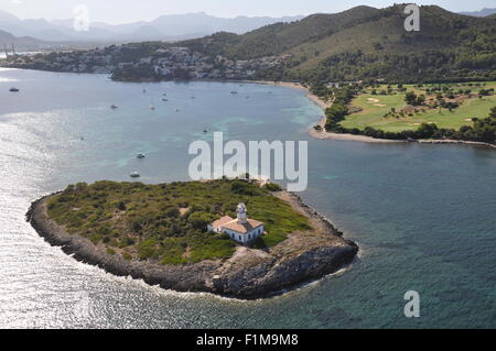 Aerial view of Alcanada Lighthouse and Island in Alcudia Bay, Mallorca Stock Photo