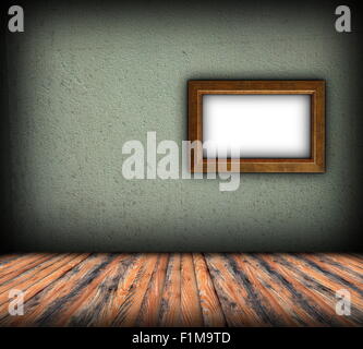 minimalist indoor backdrop with wood frame on green plaster wall Stock Photo