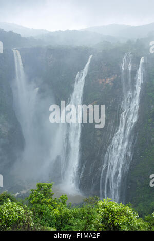 Portrait shot of the cataract, segmented fall of beautiful Jog Waterfalls (Gerosoppa falls) on a cloudy day in monsoon season. Stock Photo